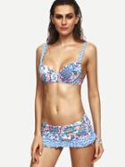 Romwe Blue Flower Print Skirted Bikini Set