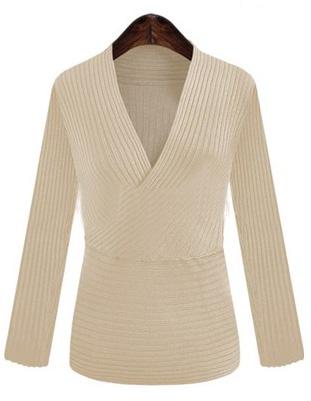 Romwe V Neck Slim Knit Apricot Sweater