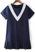 Romwe Short Sleeve Peplum Hem Navy Dress