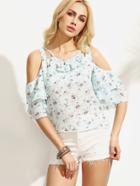 Romwe Blue Flower Print Ruffled Open Shoulder Top