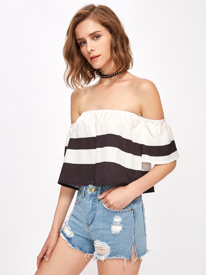 Romwe Off Shoulder Wide Stripe Top