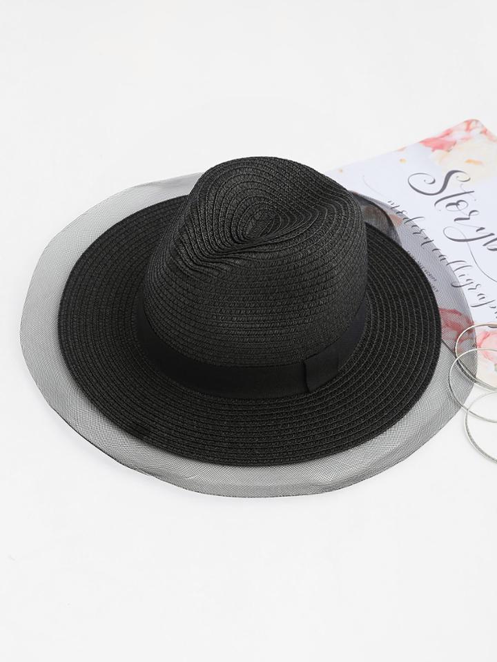 Romwe Mesh Trim Straw Beach Hat