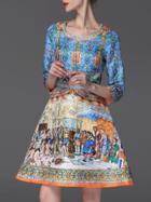 Romwe Multicolor Round Neck Length Sleeve Vintage Print Dress