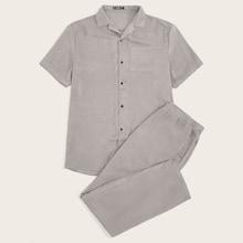 Romwe Guys Pocket Patched Shirt & Pants Pj Set