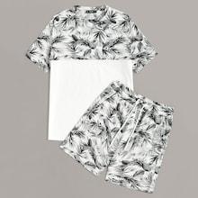 Romwe Guys Cut-and-sew Tropical Print Top & Shorts Set