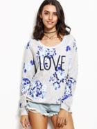 Romwe Heather Grey Flower Print Love Embroidered Sweatshirt