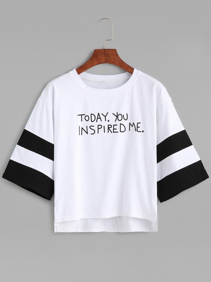 Romwe Contrast Letter Print Dip Hem T-shirt
