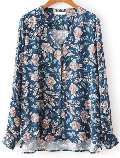 Romwe V Neck Dip Hem Florals Blue Blouse