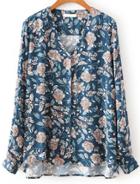 Romwe V Neck Dip Hem Florals Blue Blouse