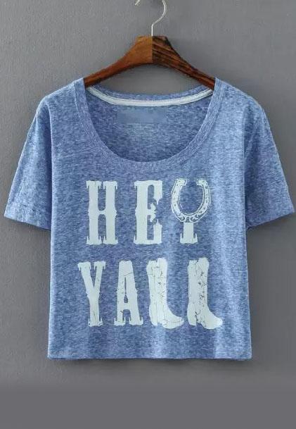 Romwe Letter Print Crop Blue T-shirt
