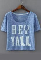 Romwe Letter Print Crop Blue T-shirt