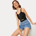 Romwe O-ring Zip Front Peekaboo Ribbed Top