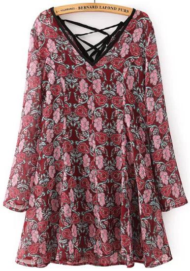 Romwe Red V Neck Floral Two Pieces Dress