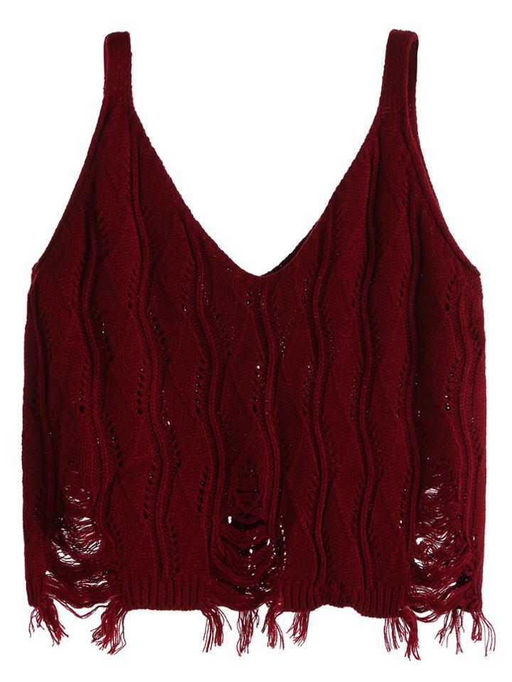 Romwe Burgundy Double V Neck Raw Hem Knit Top