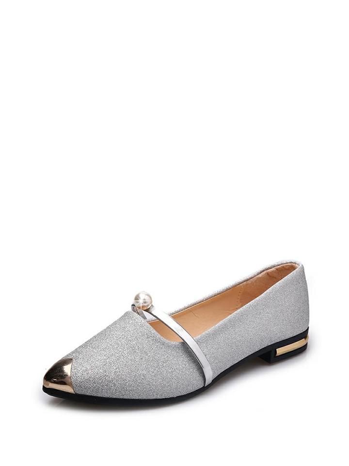 Romwe Faux Pearl Decorated Glitter Flats