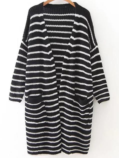Romwe Black Striped Drop Shoulder Pocket Long Cardigan