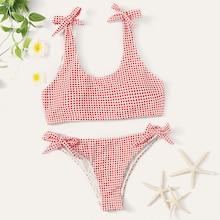 Romwe Grid Tie Shoulder Top With Tie Side Bikini