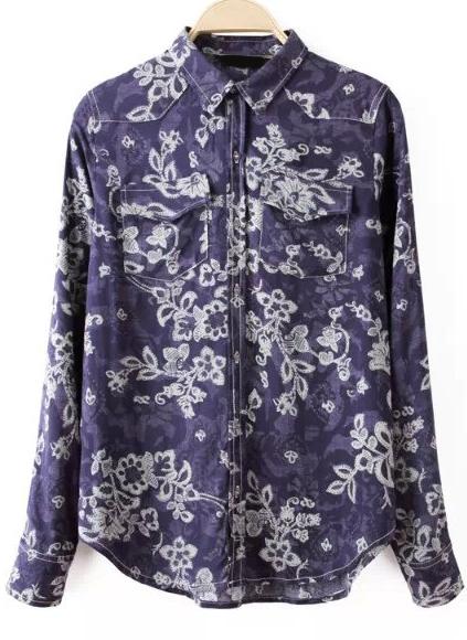 Romwe Navy Lapel Long Sleeve Floral Pockets Blouse