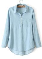 Romwe Lapel Pocket Dipped Hem Denim Blouse