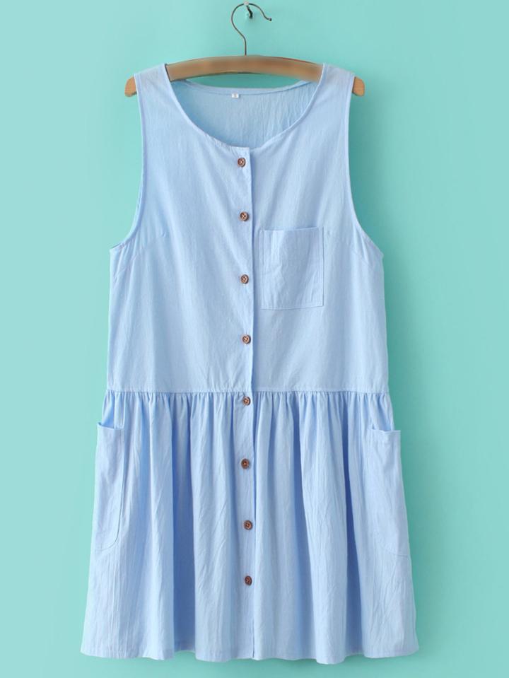 Romwe Blue Sleeveless Buttons Front Shift Dress