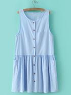 Romwe Blue Sleeveless Buttons Front Shift Dress