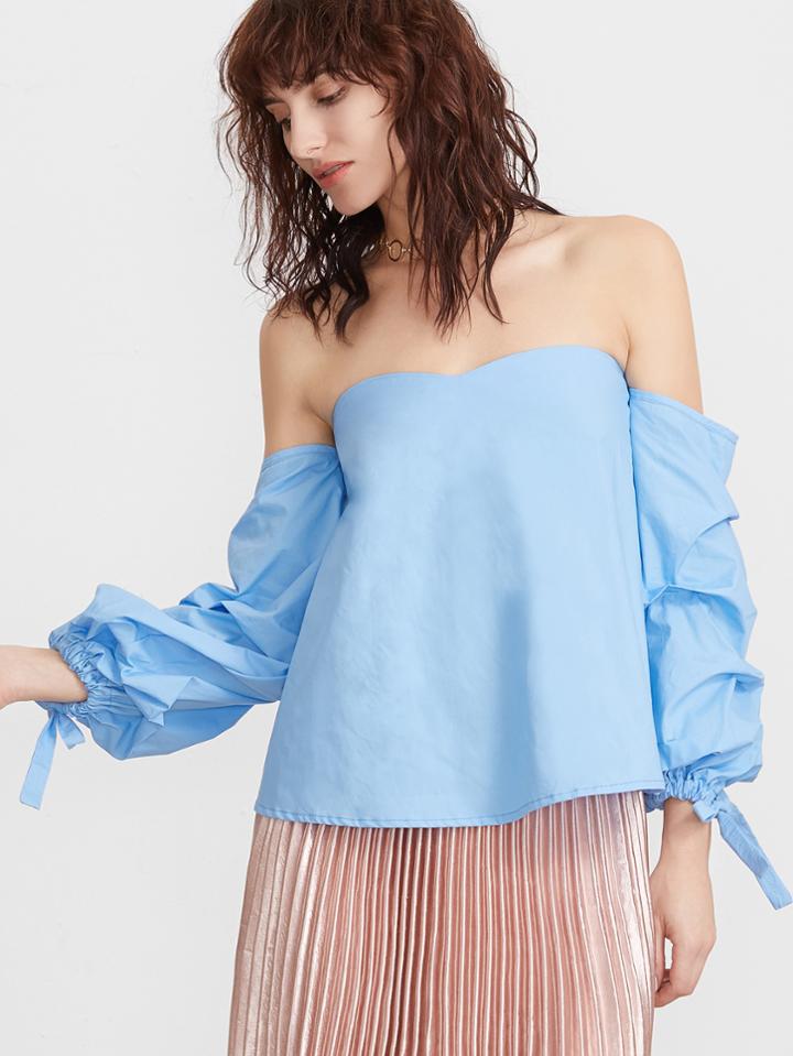Romwe Sky Blue Off The Shoulder Tie Sleeve Detail Blouse