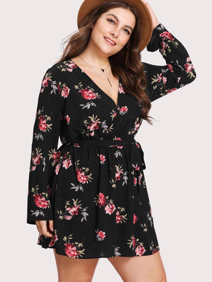 Romwe Surplice Wrap Calico Dress