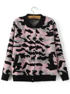 Romwe Pink Camouflage Print Knitted Bomber Jacket With Buttons