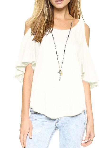 Romwe Open Shoulder Ruffle Sleeve Chiffon White Top