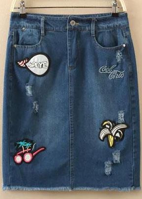 Romwe Sunglass Embroidered Denim Blue Skirt