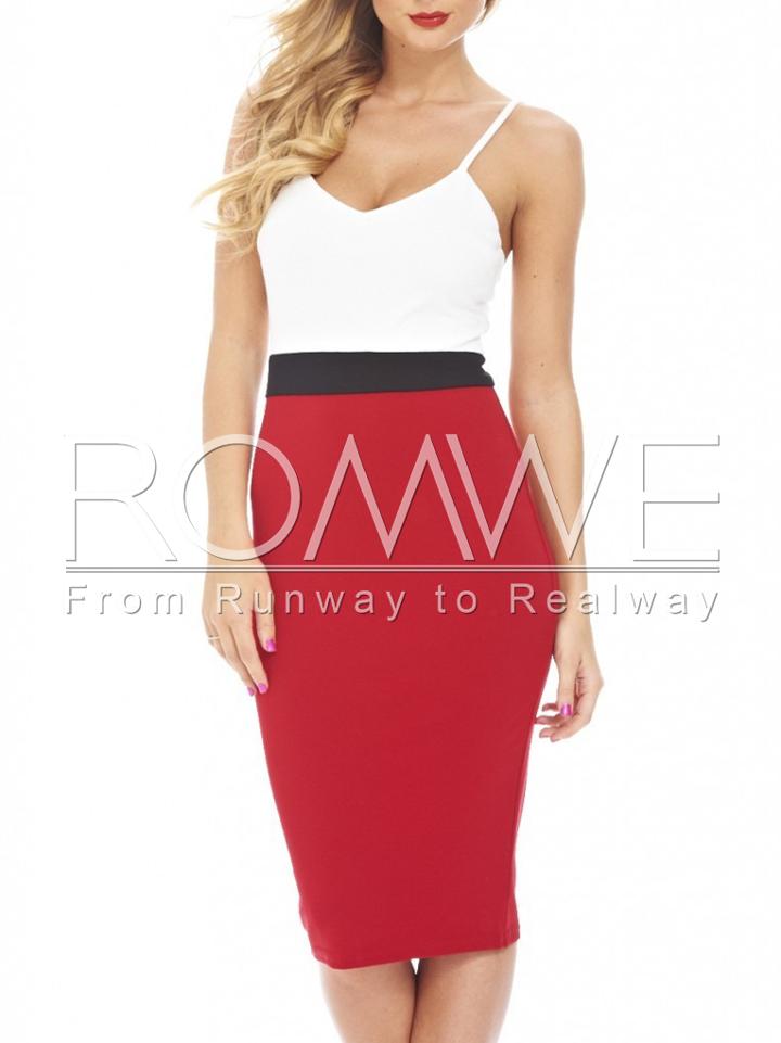Romwe White Red Spaghetti Strap Color Block Bodycon Dress