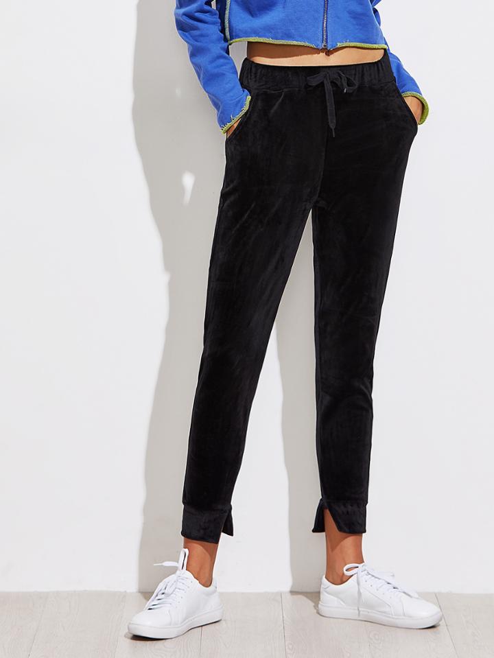 Romwe Velvet Split Cuff Drawstring Waist Pants