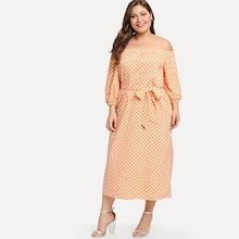 Romwe Plus Tie Waist Dot Print Off-shoulder Dress