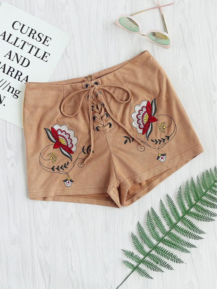Romwe Symmetric Flower Embroidery Lace Up Suede Shorts
