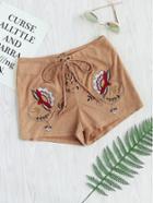 Romwe Symmetric Flower Embroidery Lace Up Suede Shorts