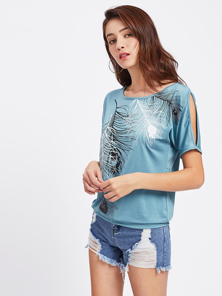 Romwe Feather Print Split Shoulder Tee