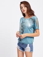 Romwe Feather Print Split Shoulder Tee