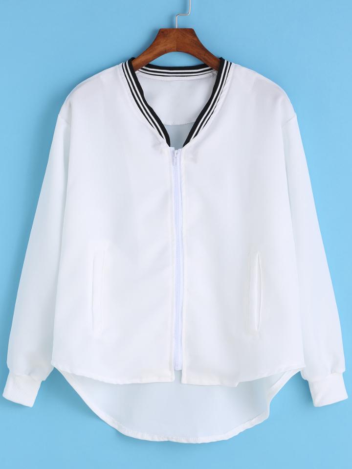 Romwe Dip Hem Striped Trim Zipper White Coat