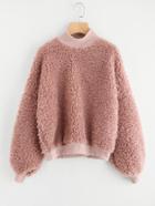 Romwe Lantern Sleeve Drop Shoulder Faux Fur Sweatshirt