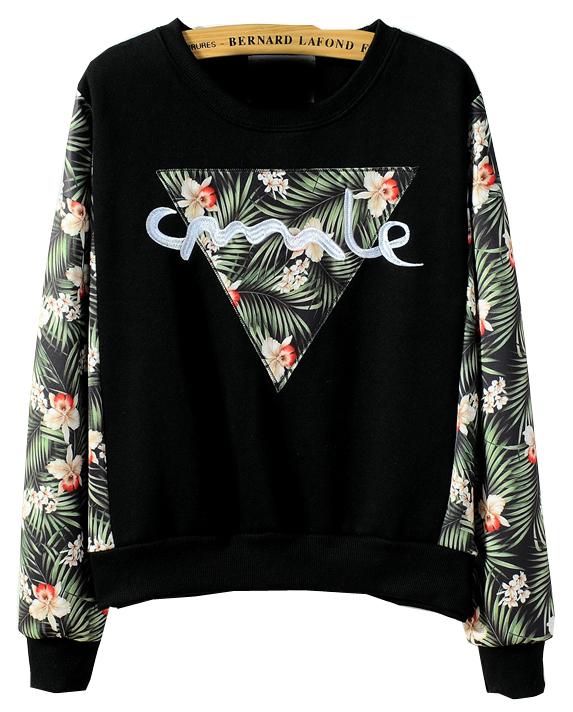 Romwe Leaves Print Embroidered Loose Black Sweatshirt