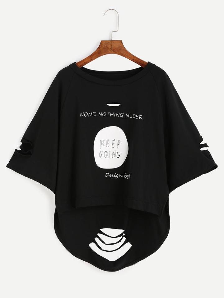 Romwe Black Letter Print Ripped High Low T-shirt