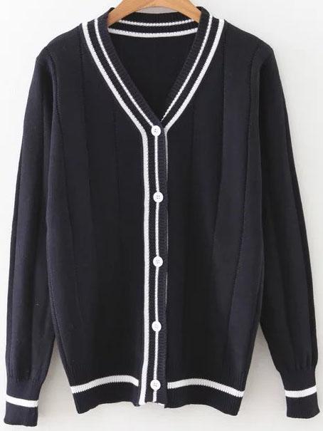 Romwe Black Striped Trim Button Up Cardigan