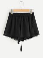 Romwe Drawstring Waist Lace Trim Pleated Shorts