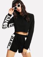 Romwe Letter Print Panel Crop Top & Shorts Set