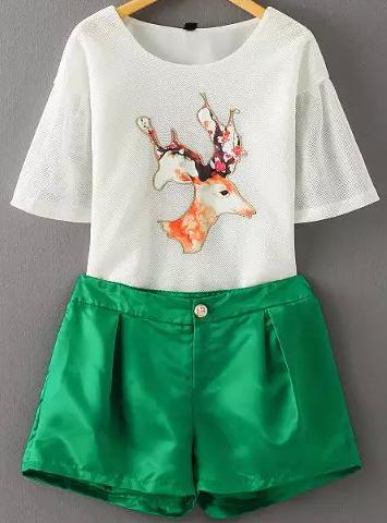 Romwe Embroidered Deer Pattern Top With Shorts
