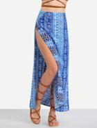 Romwe Blue Vintage Print Split Side Skirt
