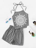 Romwe Halter Neck Graphic Print Top And Shorts Set
