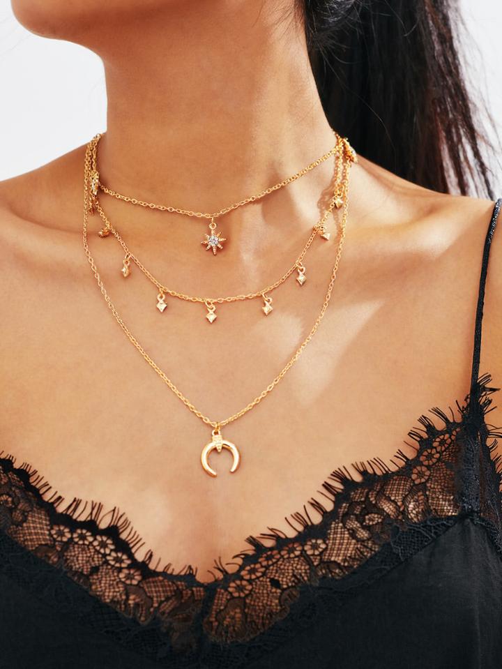 Romwe Horn Pendant Layered Chain Necklace