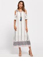 Romwe Tribal Print Open Shoulder Tiered Hem Dress