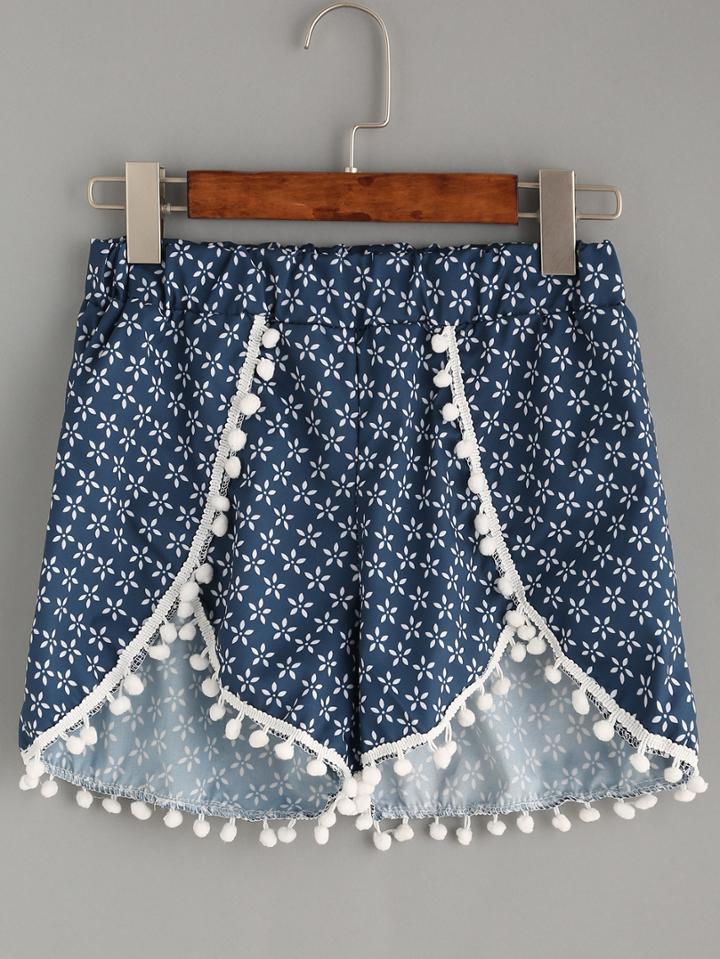 Romwe Navy Flower Print Pom Pom Trim Wrap Shorts
